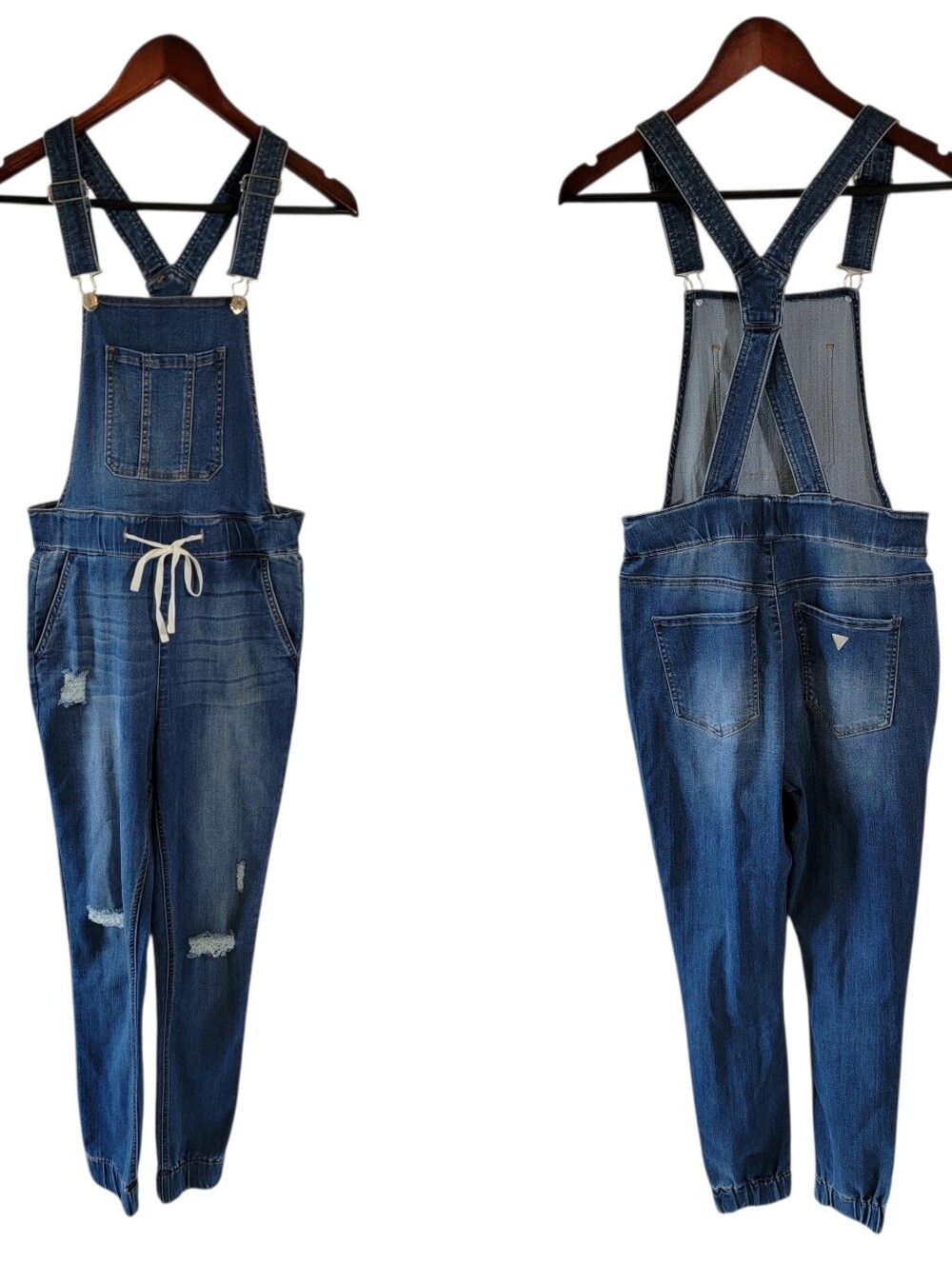 Vintage GUESS Denim Overalls Sz S Distressed Jogger Drawstring Bib Y2K Grunge 90 - Picture 2 of 12